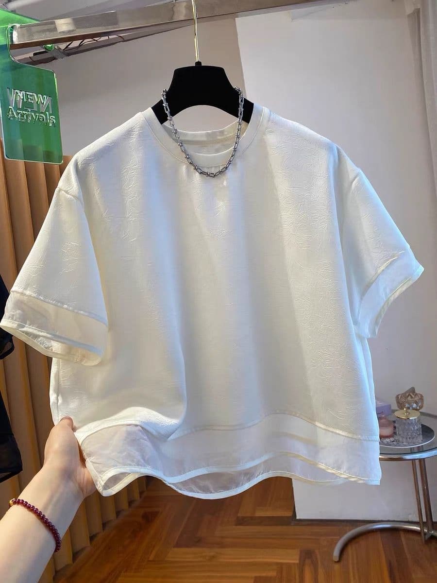 원본 원단 특별 빅 사이즈 300 근 반팔 2026 새로운 루즈핏 망사 패치워크 티셔츠 맨위 여성 이미지 3