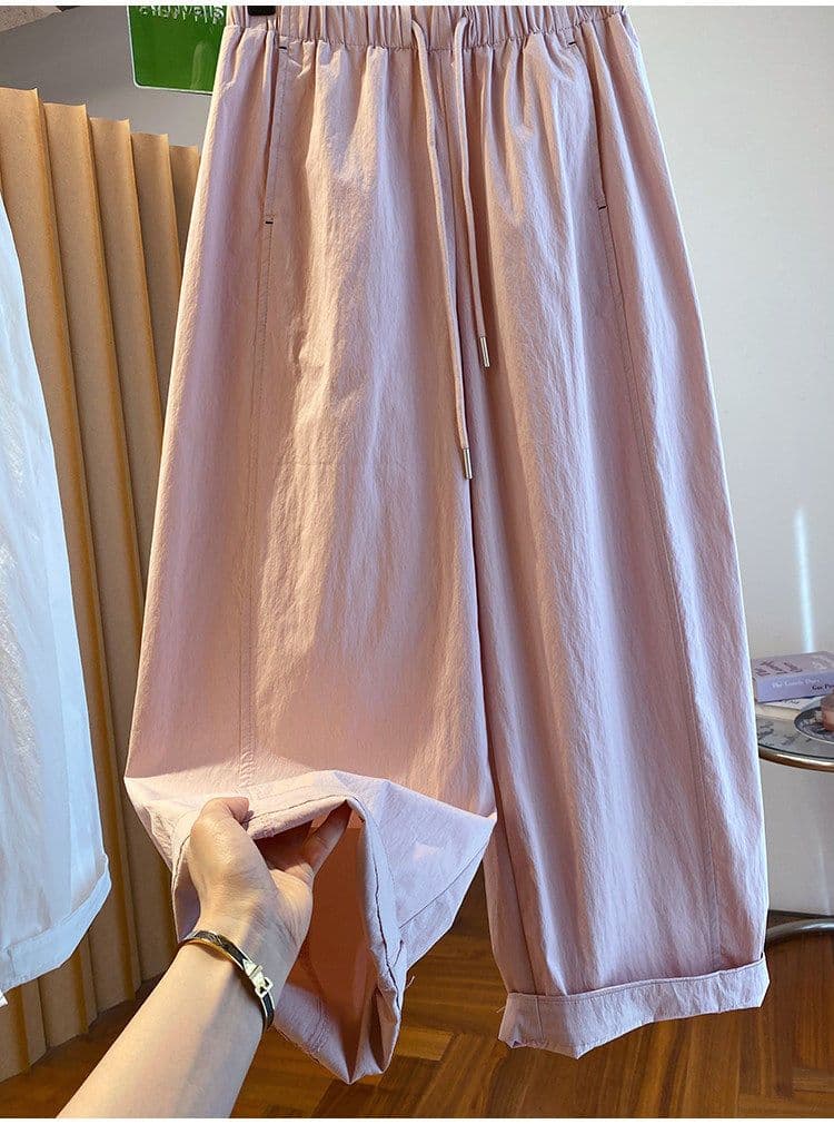 원본 원단 특별 빅 사이즈 300 근 하이웨이스트 와이드 레깅스 바지 여름 펌프 로프 허리밴드 얇은 스타일 긴 바지 상세 이미지 2