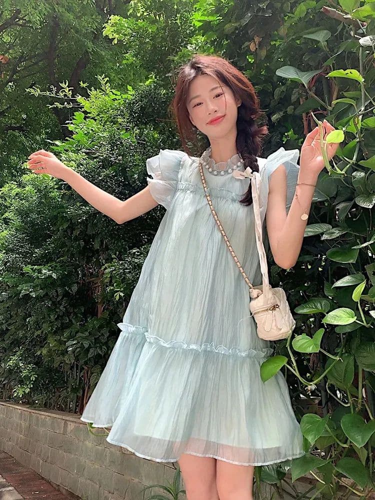 프랑스식 달콤함 귀여운 연령 감소 작은 날다 소매 여성 드레스 여름 고급 센스 품격 요정 치마 루즈핏 짧은 치마