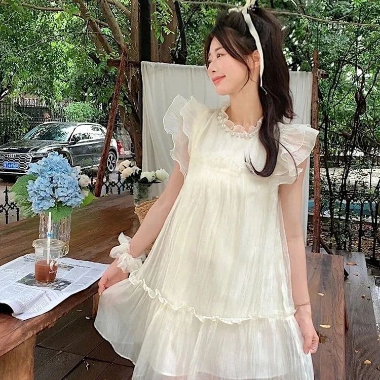 프랑스식 달콤함 귀여운 연령 감소 작은 날다 소매 여성 드레스 여름 고급 센스 품격 요정 치마 루즈핏 짧은 치마 이미지 2