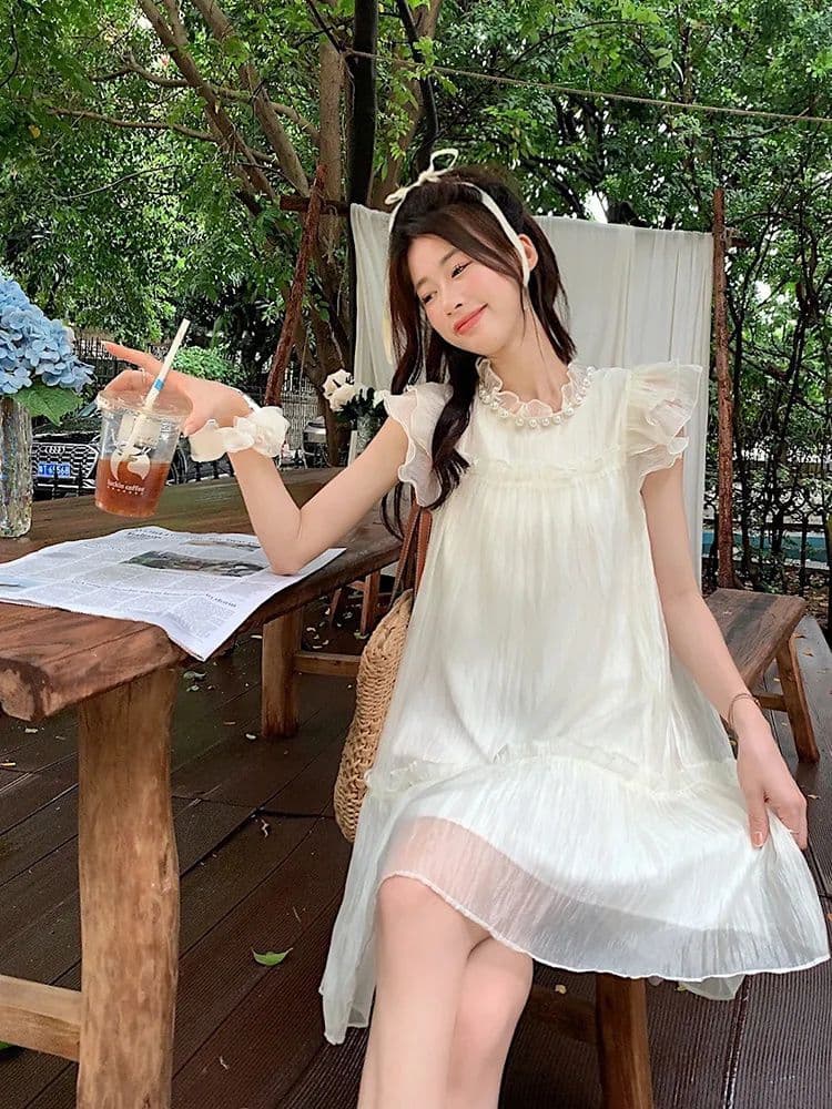 프랑스식 달콤함 귀여운 연령 감소 작은 날다 소매 여성 드레스 여름 고급 센스 품격 요정 치마 루즈핏 짧은 치마 상세 이미지 1