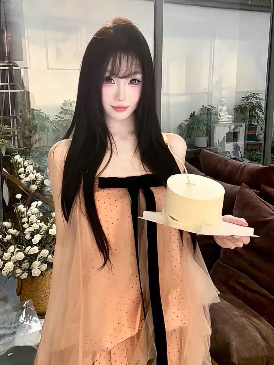 달콤함 순수한 욕망 바람 나비 매듭 도트 무늬 슬립 여성 드레스 여름 슬림해 보이는 디자인 센스 미니 스커트 꽃밭 치마 세트 이미지 2