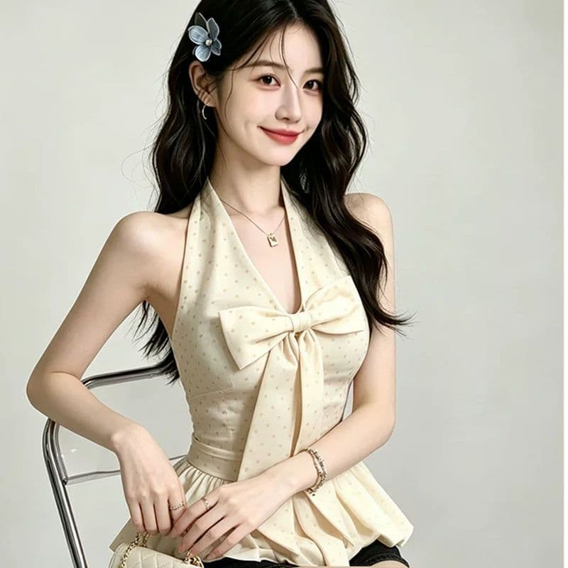 2026 여름 새로운 나비 매듭 달콤함 품격 V넥 행침 목 조끼 여성 몸매 가꾸기 슬림해 보이는 다용도 민소매 맨위
