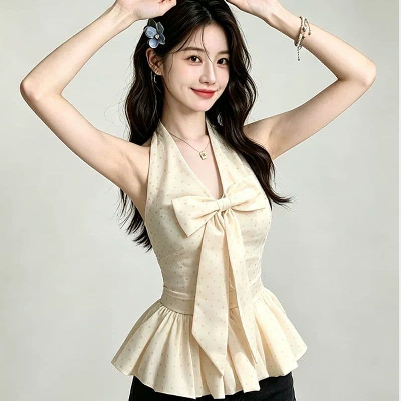 2026 여름 새로운 나비 매듭 달콤함 품격 V넥 행침 목 조끼 여성 몸매 가꾸기 슬림해 보이는 다용도 민소매 맨위 이미지 5