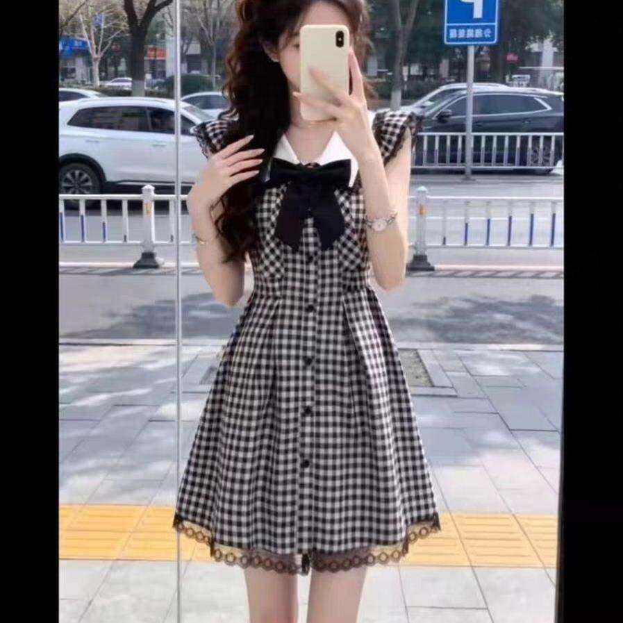 흑인과 백인 체크무늬 Feifei 소매 학원 스타일 여성 드레스 여름 레이스 조각 루즈핏 슬림해 보이는 A라인 스커트 짧은 치마