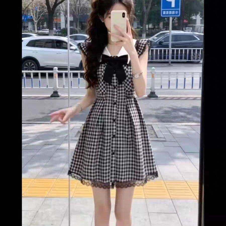 흑인과 백인 체크무늬 Feifei 소매 학원 스타일 여성 드레스 여름 레이스 조각 루즈핏 슬림해 보이는 A라인 스커트 짧은 치마 상세 이미지 3