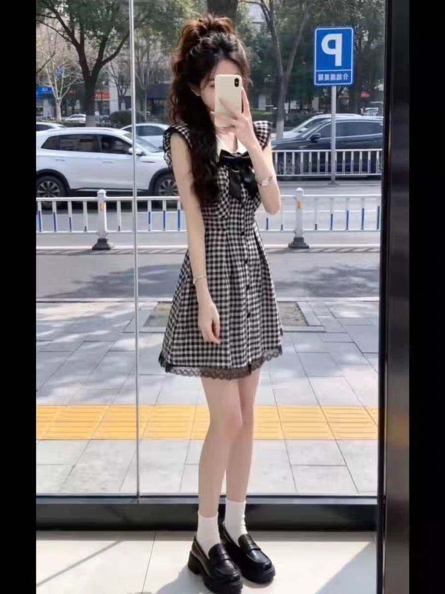 흑인과 백인 체크무늬 Feifei 소매 학원 스타일 여성 드레스 여름 레이스 조각 루즈핏 슬림해 보이는 A라인 스커트 짧은 치마 상세 이미지 4