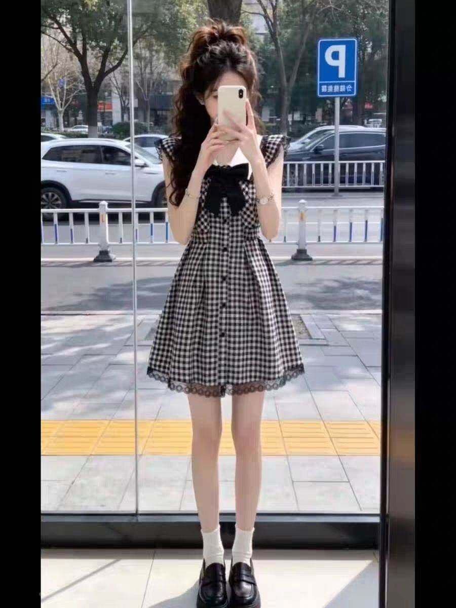 흑인과 백인 체크무늬 Feifei 소매 학원 스타일 여성 드레스 여름 레이스 조각 루즈핏 슬림해 보이는 A라인 스커트 짧은 치마 상세 이미지 5
