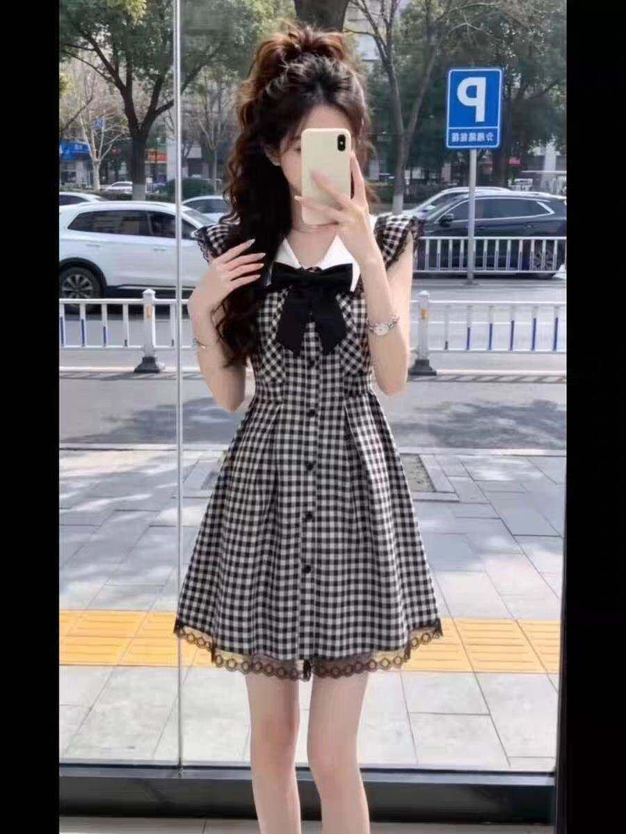 흑인과 백인 체크무늬 Feifei 소매 학원 스타일 여성 드레스 여름 레이스 조각 루즈핏 슬림해 보이는 A라인 스커트 짧은 치마 상세 이미지 6