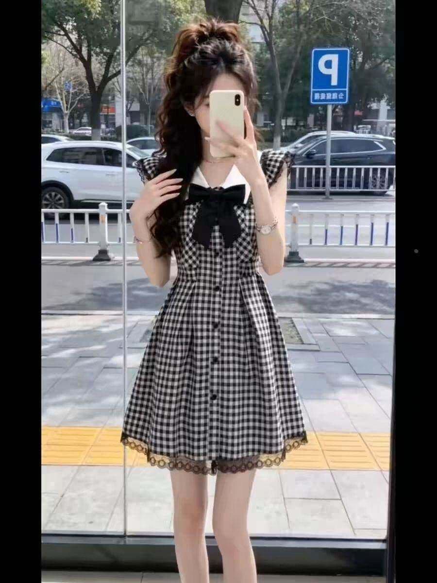 흑인과 백인 체크무늬 Feifei 소매 학원 스타일 여성 드레스 여름 레이스 조각 루즈핏 슬림해 보이는 A라인 스커트 짧은 치마 상세 이미지 7