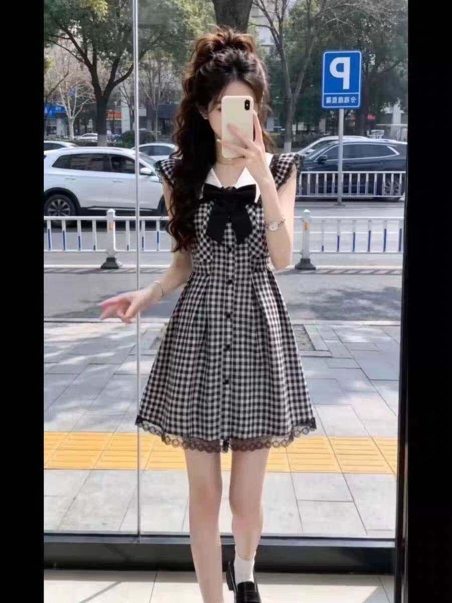 흑인과 백인 체크무늬 Feifei 소매 학원 스타일 여성 드레스 여름 레이스 조각 루즈핏 슬림해 보이는 A라인 스커트 짧은 치마 상세 이미지 8