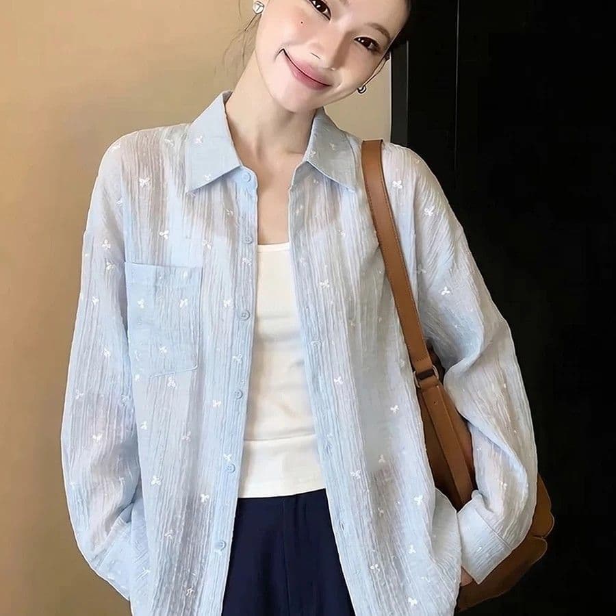 파란색 긴팔 셔츠 여성 코트 여름 얇은 스타일 2026 여름 새로운 자외선 차단 셔츠 외부 가져 가라. 에어컨 오픈 가디건 맨위 이미지 5
