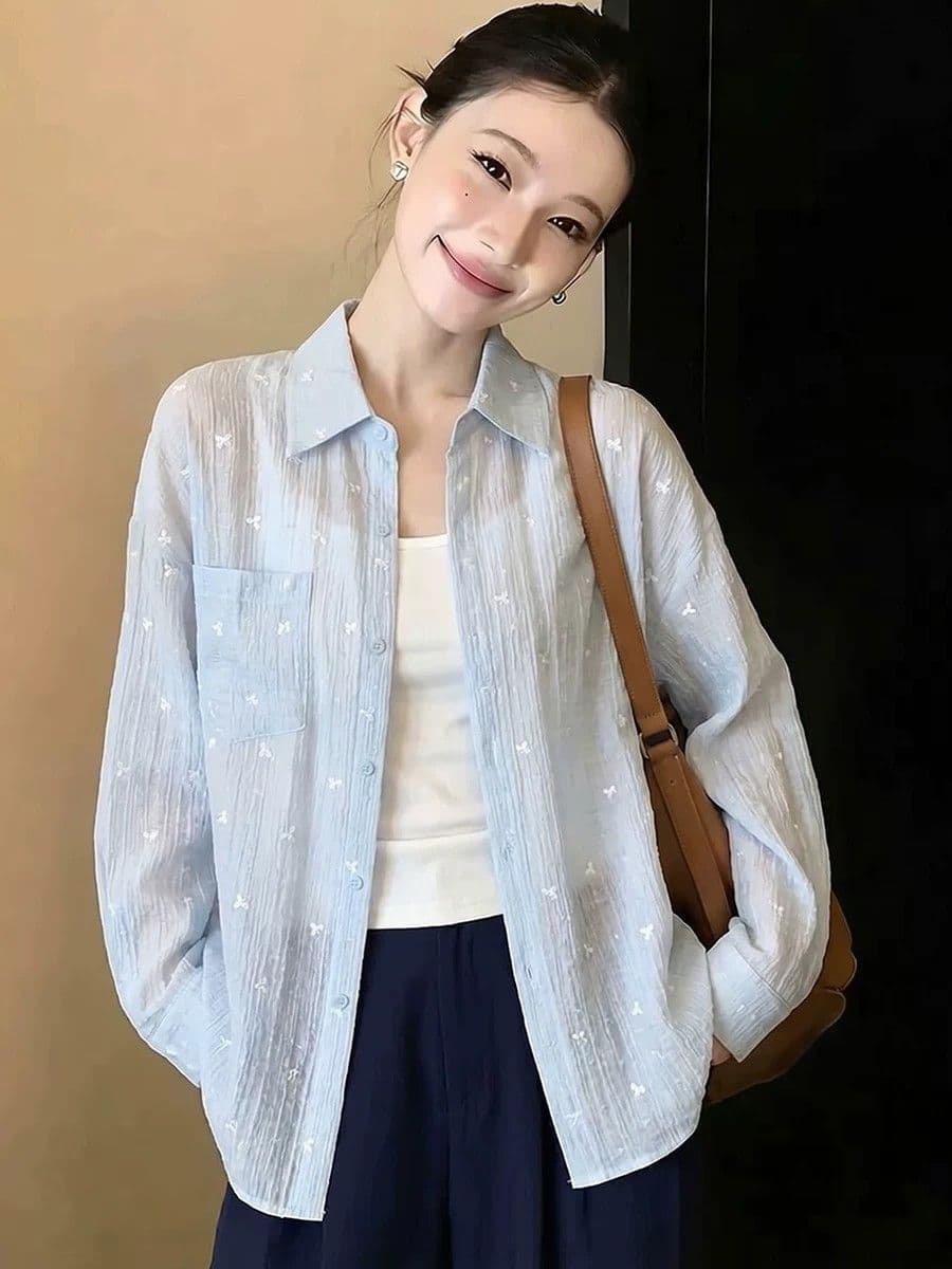파란색 긴팔 셔츠 여성 코트 여름 얇은 스타일 2026 여름 새로운 자외선 차단 셔츠 외부 가져 가라. 에어컨 오픈 가디건 맨위 상세 이미지 4