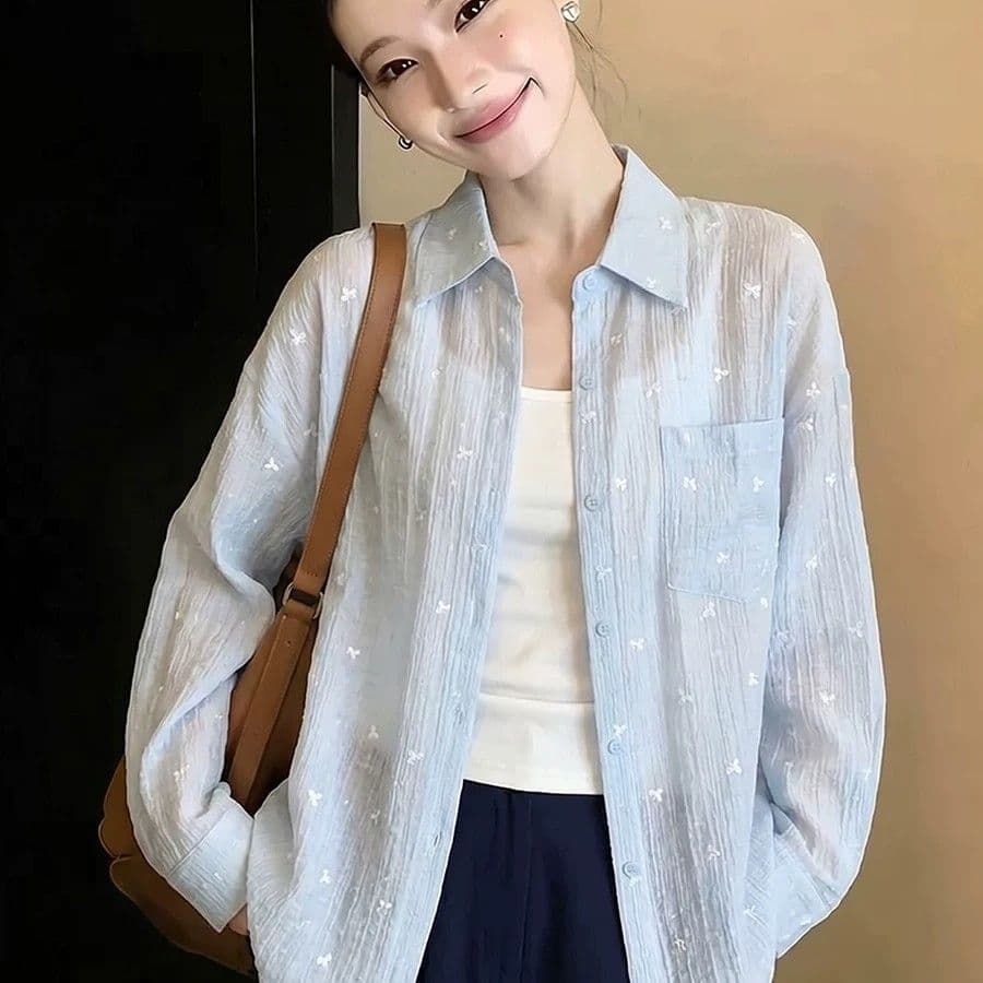 파란색 긴팔 셔츠 여성 코트 여름 얇은 스타일 2026 여름 새로운 자외선 차단 셔츠 외부 가져 가라. 에어컨 오픈 가디건 맨위 상세 이미지 6