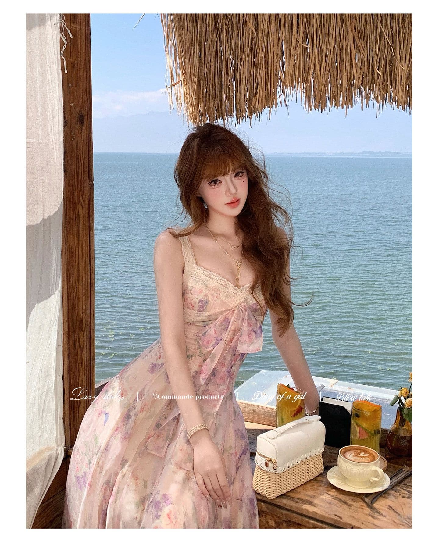 lazydidi 꽃 편지 암호 헤일로 염색 유화 꽃무늬 10 개입 서있는 자르다 허리 수축 드레스 슬립 큰 진자 롱 스커트 상세 이미지 8