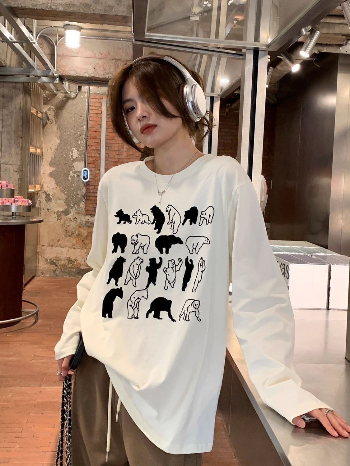 21 순면 210 그램 순면 가을 의상 긴팔 티셔츠 여성 루즈핏 맨위 프린트 이미지 4