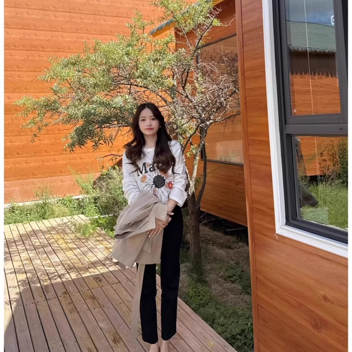 2026 가을 21 순면 210 그램 순면 가을 의상 긴팔 티셔츠 여성 루즈핏 맨위 프린트 이미지 5
