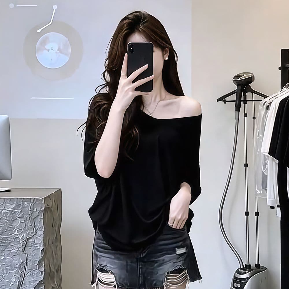 순수한 욕망 느긋한 루즈핏 배트윙 소매 V넥 비스듬한 어깨 반팔 마이크로 ~을 통해 차가운 센스 얇은 스타일 블라우스 티셔츠 여성 이미지 3