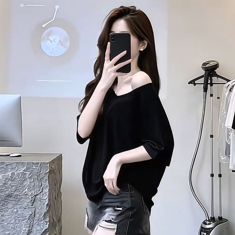 순수한 욕망 느긋한 루즈핏 배트윙 소매 V넥 비스듬한 어깨 반팔 마이크로 ~을 통해 차가운 센스 얇은 스타일 블라우스 티셔츠 여성 상세 이미지 4