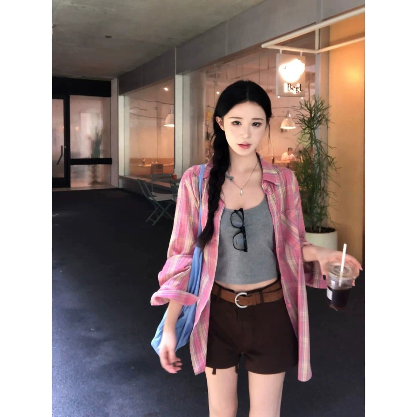 레드 맨 파빌리온 자외선 차단 셔츠 여자 2026 새로운 재킷 프랑스식 맨위 핑크색 체크무늬 서리가 내린 부서 특별 셔츠 상세 이미지 1