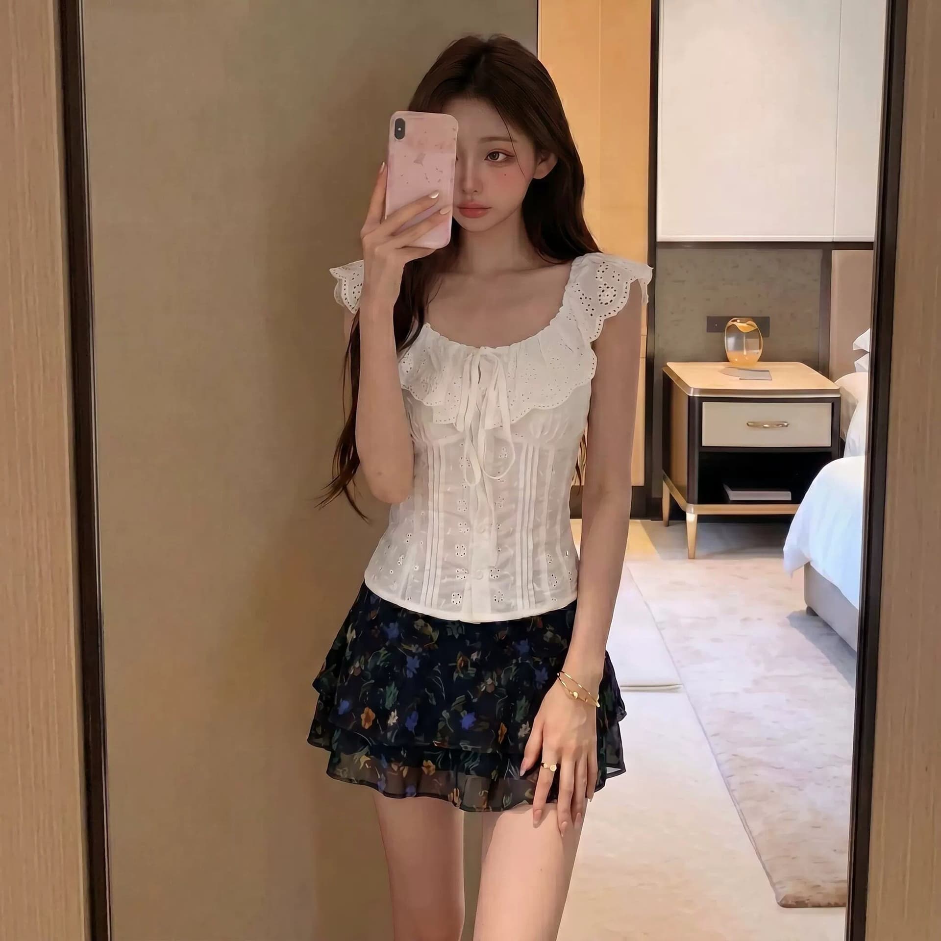 한 부서 달콤함 레이스 민소매 작은 셔츠 면직물 자수 펌프 Pleat 허리 수축 오프숄더 레이스업 슬림해 보이는 작은 키 조끼 이미지 4