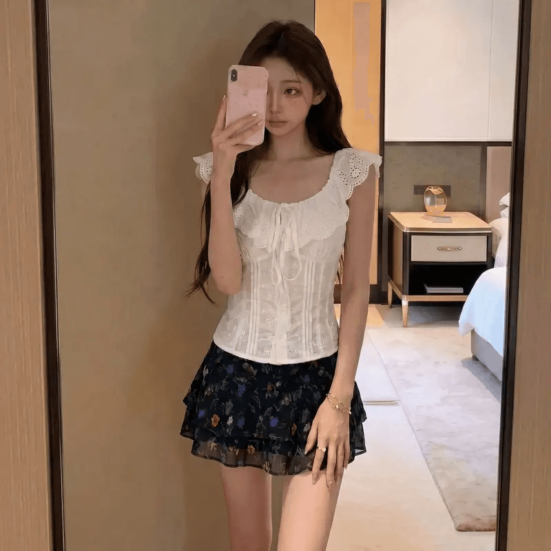 한 부서 달콤함 레이스 민소매 작은 셔츠 면직물 자수 펌프 Pleat 허리 수축 오프숄더 레이스업 슬림해 보이는 작은 키 조끼 상세 이미지 18
