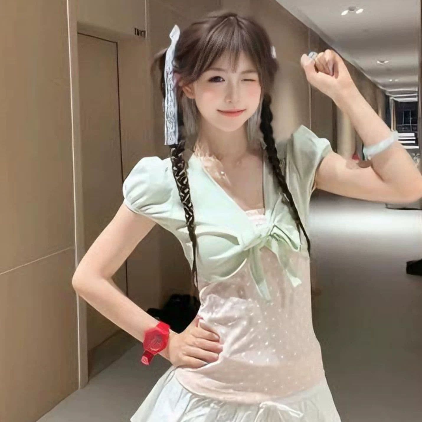 40 리브 순면 핏 스타일 긍정적 인 솜씨 리앙 새로운 여름 페이크 레이어드 달콤함 도트 무늬 맨위 여성