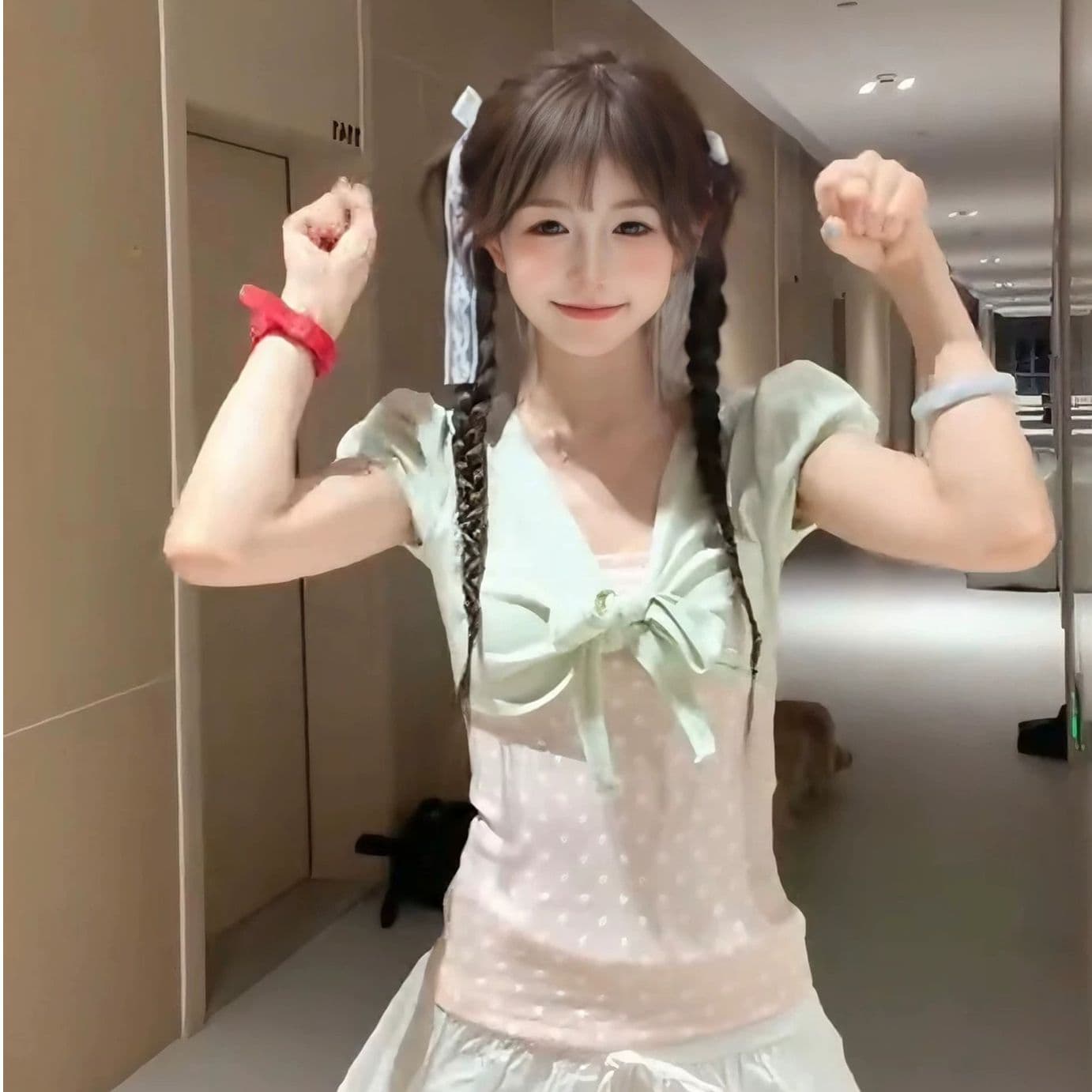 40 리브 순면 핏 스타일 긍정적 인 솜씨 리앙 새로운 여름 페이크 레이어드 달콤함 도트 무늬 맨위 여성 이미지 4