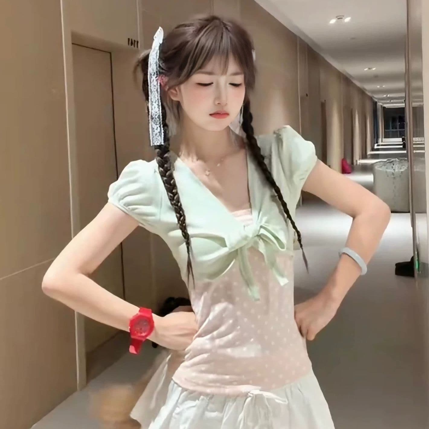 40 리브 순면 핏 스타일 긍정적 인 솜씨 리앙 새로운 여름 페이크 레이어드 달콤함 도트 무늬 맨위 여성 이미지 3