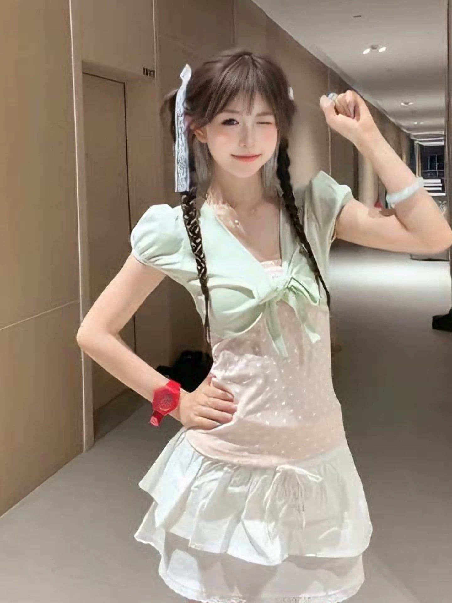 40 리브 순면 핏 스타일 긍정적 인 솜씨 리앙 새로운 여름 페이크 레이어드 달콤함 도트 무늬 맨위 여성 상세 이미지 2