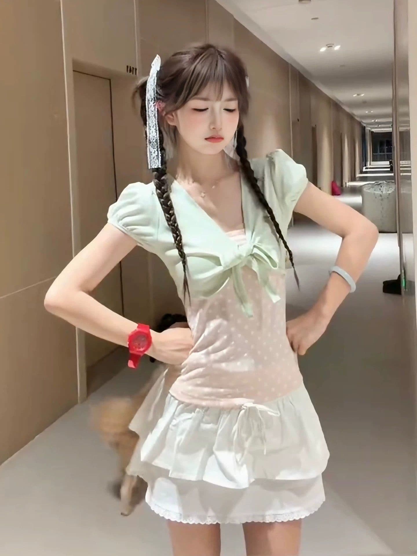 40 리브 순면 핏 스타일 긍정적 인 솜씨 리앙 새로운 여름 페이크 레이어드 달콤함 도트 무늬 맨위 여성 상세 이미지 4