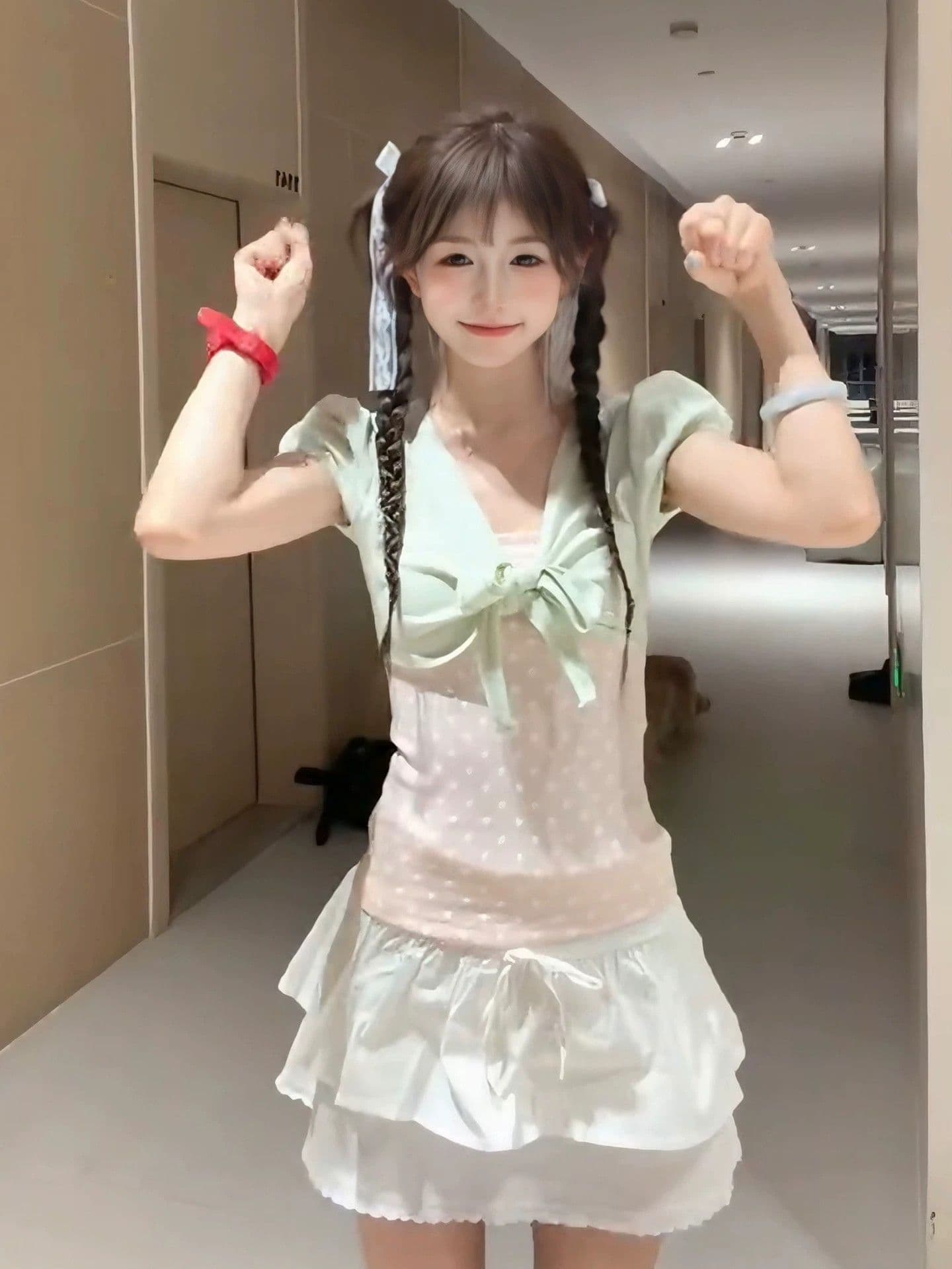 40 리브 순면 핏 스타일 긍정적 인 솜씨 리앙 새로운 여름 페이크 레이어드 달콤함 도트 무늬 맨위 여성 상세 이미지 5