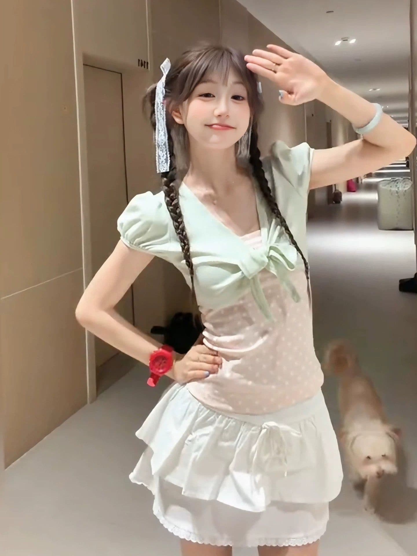 40 리브 순면 핏 스타일 긍정적 인 솜씨 리앙 새로운 여름 페이크 레이어드 달콤함 도트 무늬 맨위 여성 상세 이미지 6