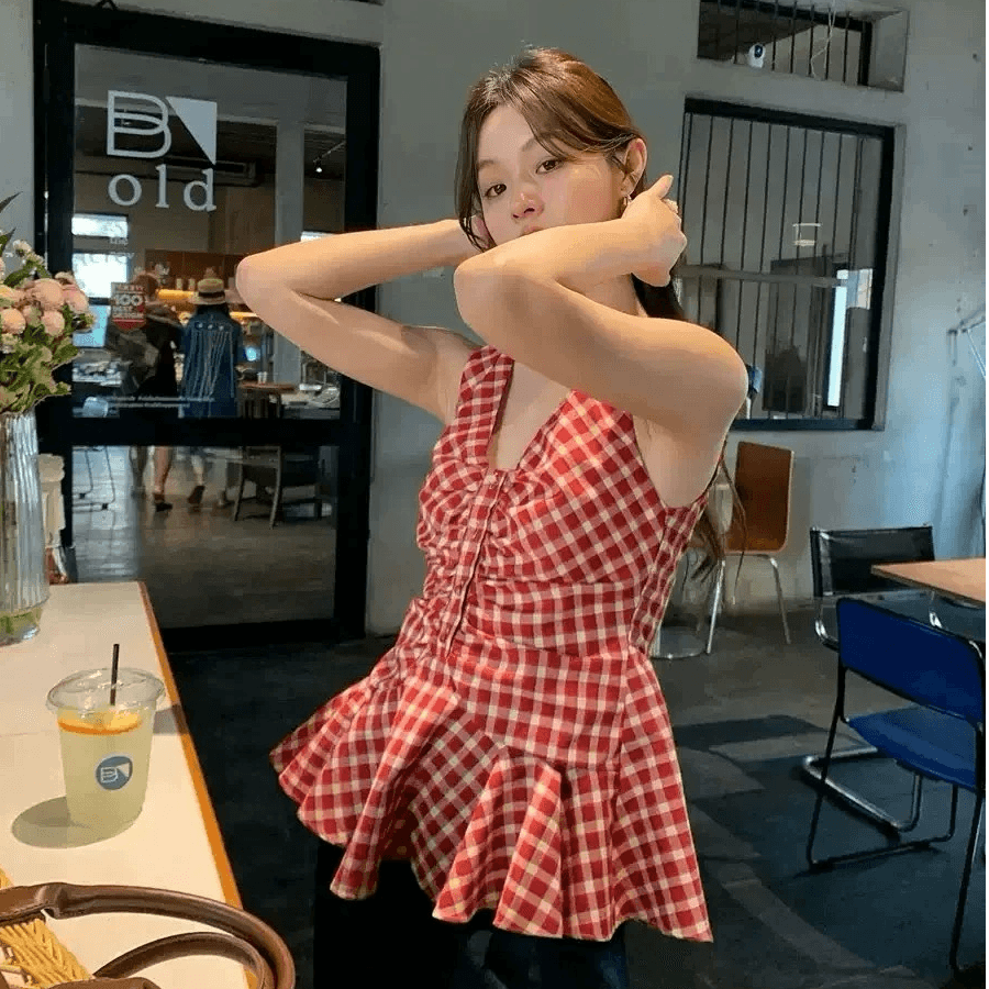 한 부서 주름 체크무늬 여성 셔츠 여름 드레스 프릴 작은 키 민소매 작은 셔츠 인형 셔츠 체크무늬 V넥 맨위