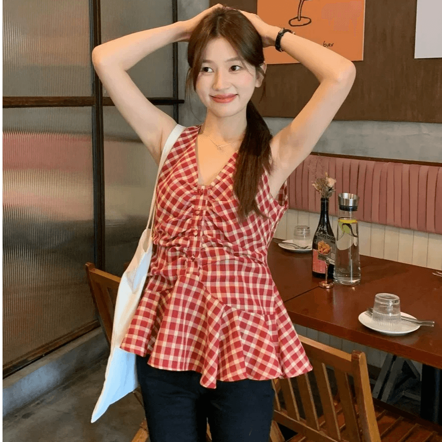 한 부서 주름 체크무늬 여성 셔츠 여름 드레스 프릴 작은 키 민소매 작은 셔츠 인형 셔츠 체크무늬 V넥 맨위 이미지 3
