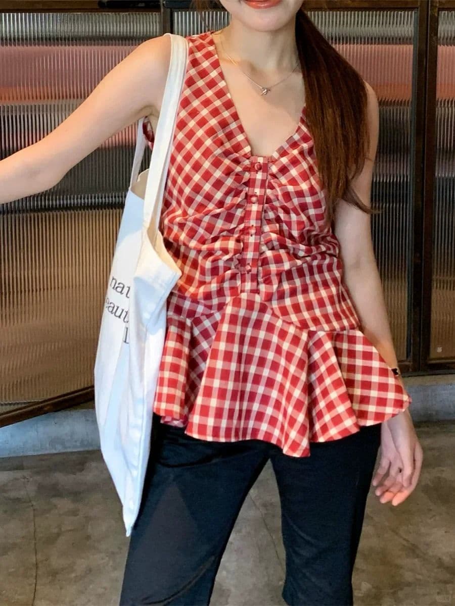 한 부서 주름 체크무늬 여성 셔츠 여름 드레스 프릴 작은 키 민소매 작은 셔츠 인형 셔츠 체크무늬 V넥 맨위 상세 이미지 3