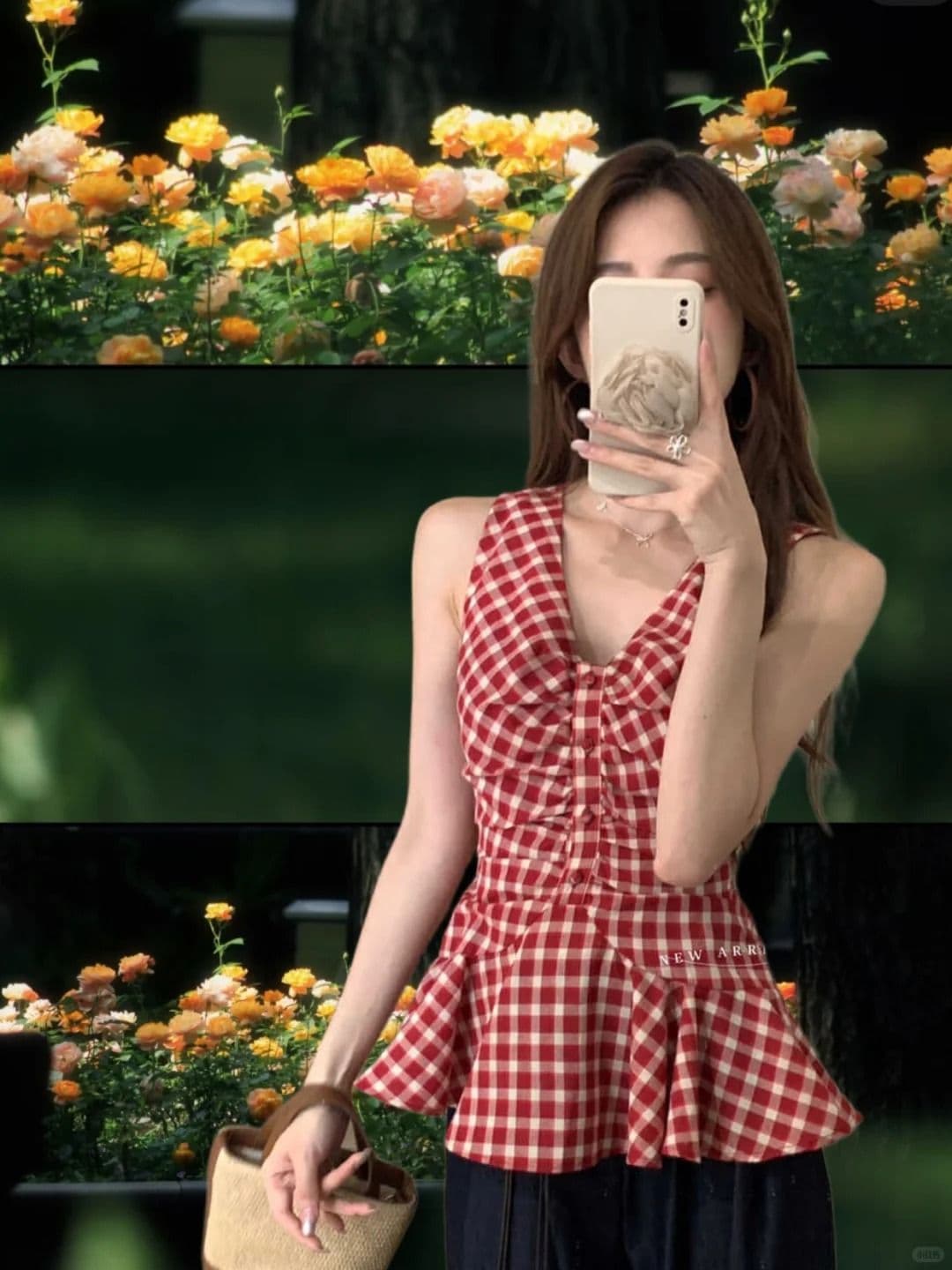 한 부서 주름 체크무늬 여성 셔츠 여름 드레스 프릴 작은 키 민소매 작은 셔츠 인형 셔츠 체크무늬 V넥 맨위 상세 이미지 6