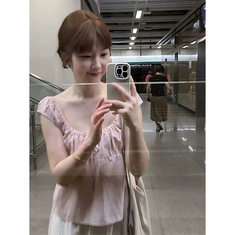 핑크색 u 칼라 레이스 프랑스식 반팔 티셔츠 여성 여름 2026 년 새로운 슬림해 보이는 디자인 센스 작은 대중 아름다운 맨위 상세 이미지 4