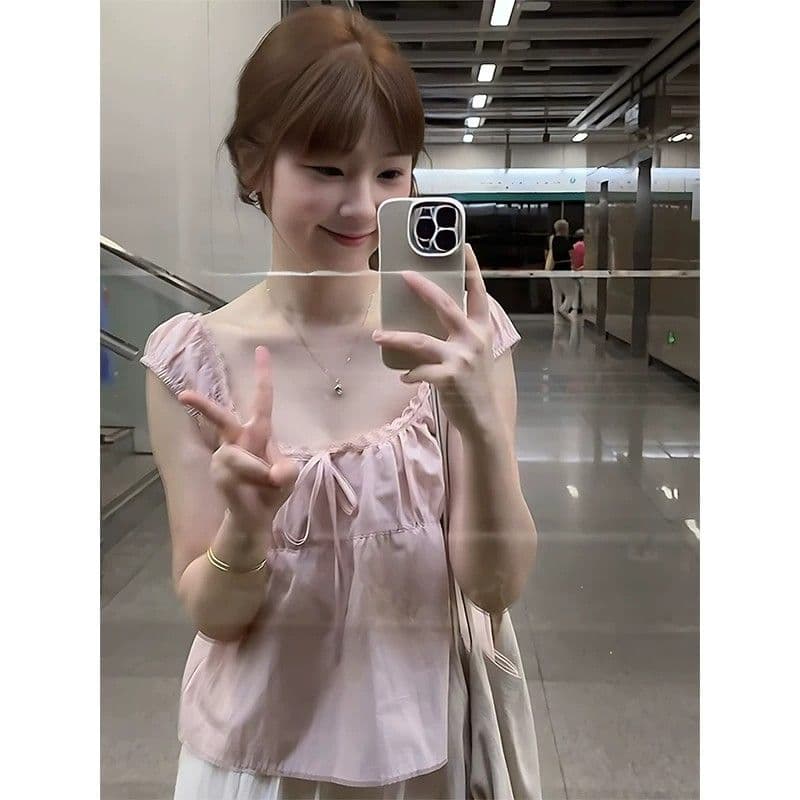 핑크색 u 칼라 레이스 프랑스식 반팔 티셔츠 여성 여름 2026 년 새로운 슬림해 보이는 디자인 센스 작은 대중 아름다운 맨위 상세 이미지 7