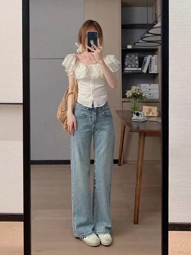 오프숄더 프릴 여성 셔츠 여름 프랑스식 빛 요리 한 디자인 센스 작은 대중 셔츠 오프숄더 쇼트 스타일 아름다운 맨위 상세 이미지 11