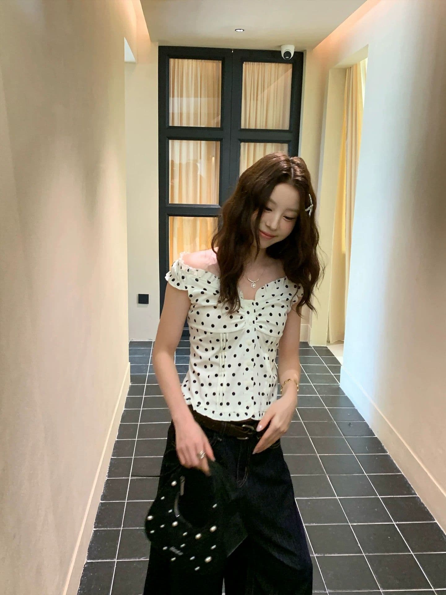 fan 프랑스식 레트로 도트 무늬 반팔 오프숄더 둘 착용 짧은 맨위 여성 여름 레이스 슬림해 보이는 연령 감소 품격 셔츠 상세 이미지 21