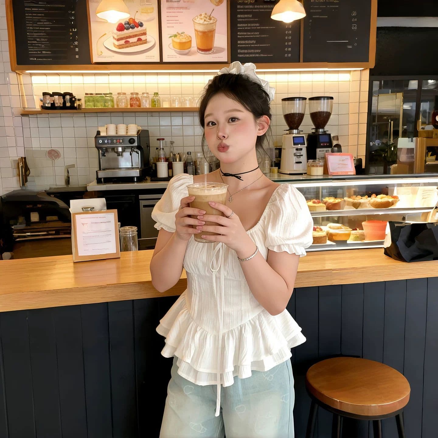 빅 사이즈 지방 mm 달콤한 스타일 거품 소매 광장 칼라 화이트 맨위 여성 여름 새로운 허리 수축 슬림해 보이는 프릴 셔츠 상세 이미지 2