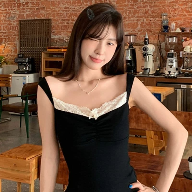 원본 원단 것 아메리칸 핫걸 레이스 조각 캐미솔 섹시함 순수한 욕망 오프숄더 맨위 여름 상세 이미지 1
