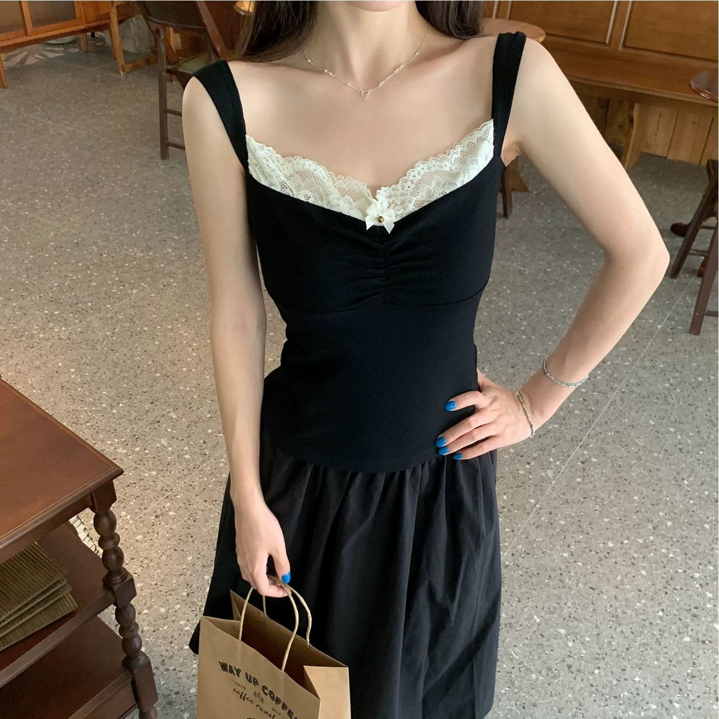 원본 원단 것 아메리칸 핫걸 레이스 조각 캐미솔 섹시함 순수한 욕망 오프숄더 맨위 여름 상세 이미지 3