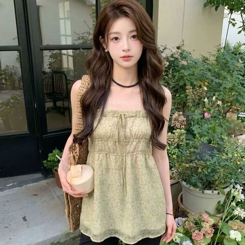원본 원단 것 한 부서 부드러운 꽃무늬 슬립 맨위 여성 여름 새로운 요금 측면 프릴 민소매 셔츠