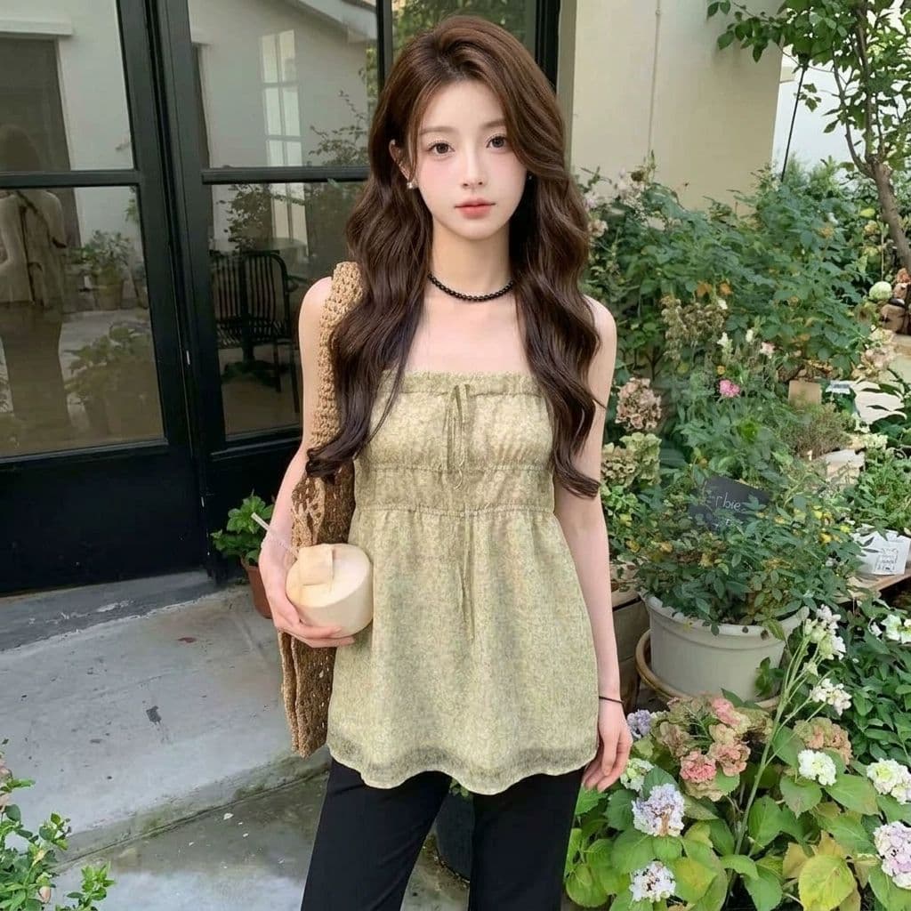 원본 원단 것 한 부서 부드러운 꽃무늬 슬립 맨위 여성 여름 새로운 요금 측면 프릴 민소매 셔츠 상세 이미지 1