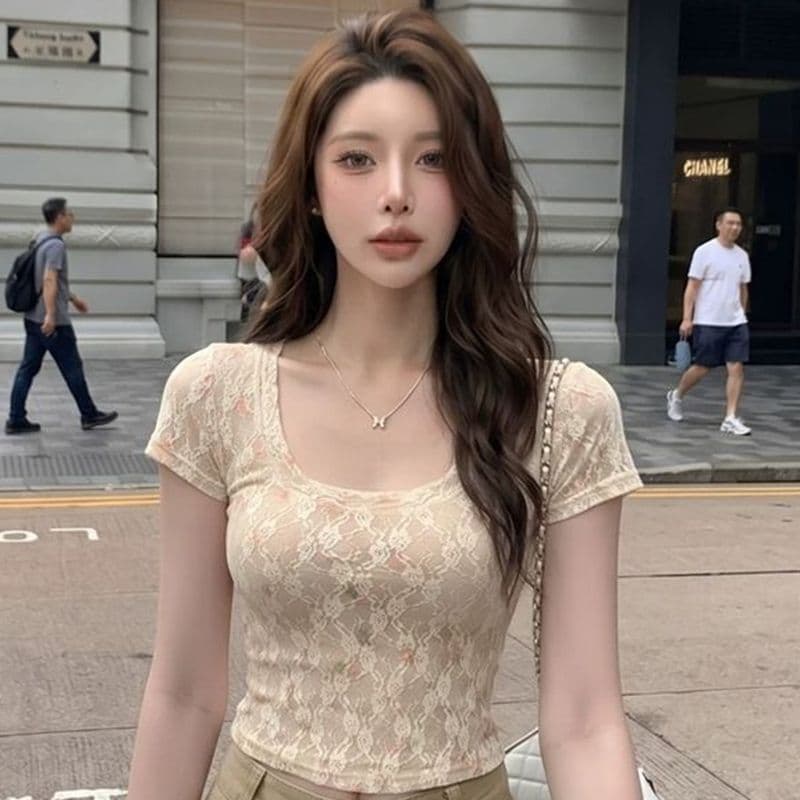 순수한 욕망 바람 핫걸 레이스 셔츠 u 칼라 반팔 티셔츠 여성 여름 몸매 가꾸기 슬림해 보이는 섹시함 허리 수축 쇼트 스타일 외출용 맨위