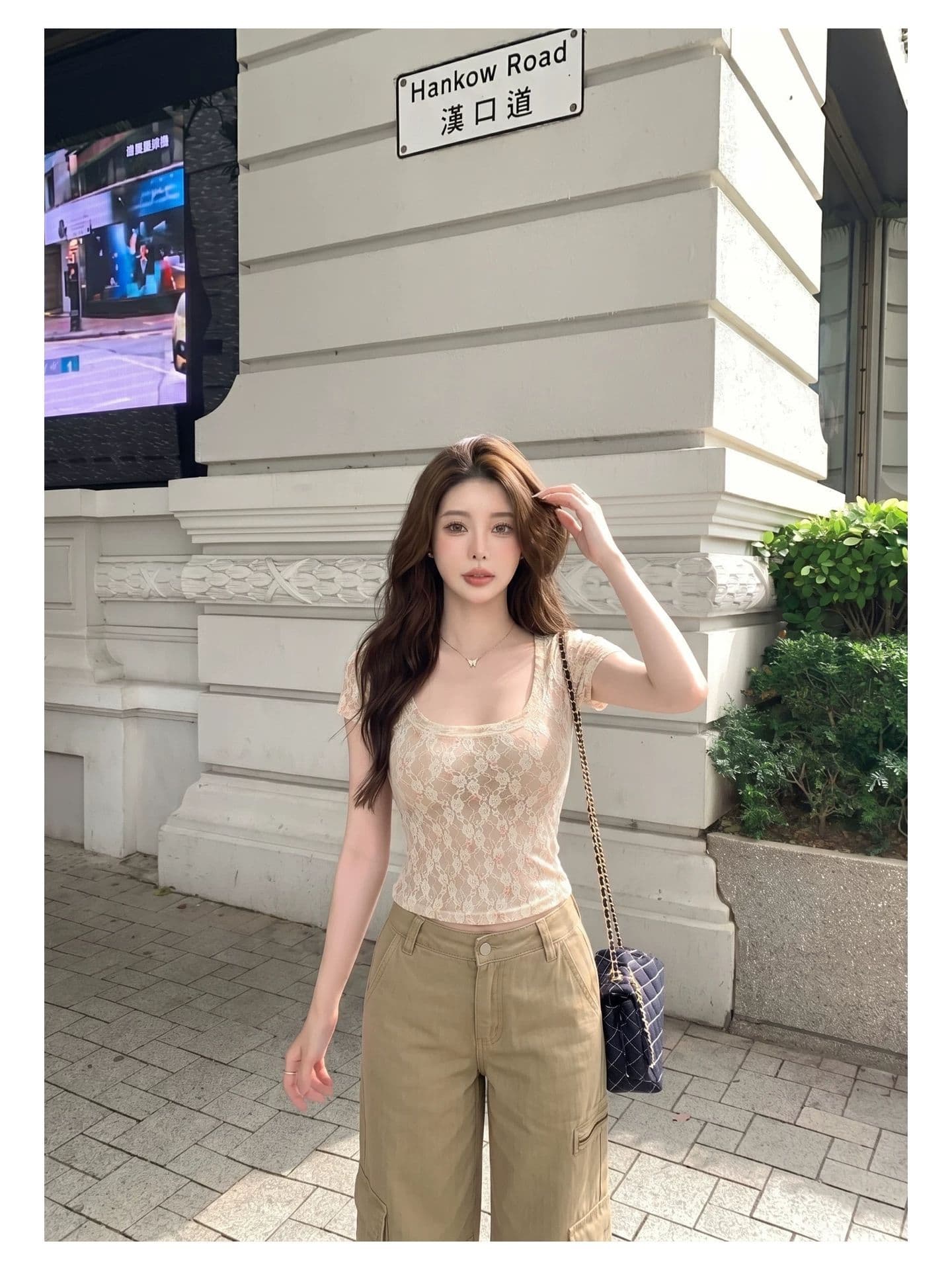 순수한 욕망 바람 핫걸 레이스 셔츠 u 칼라 반팔 티셔츠 여성 여름 몸매 가꾸기 슬림해 보이는 섹시함 허리 수축 쇼트 스타일 외출용 맨위 상세 이미지 3