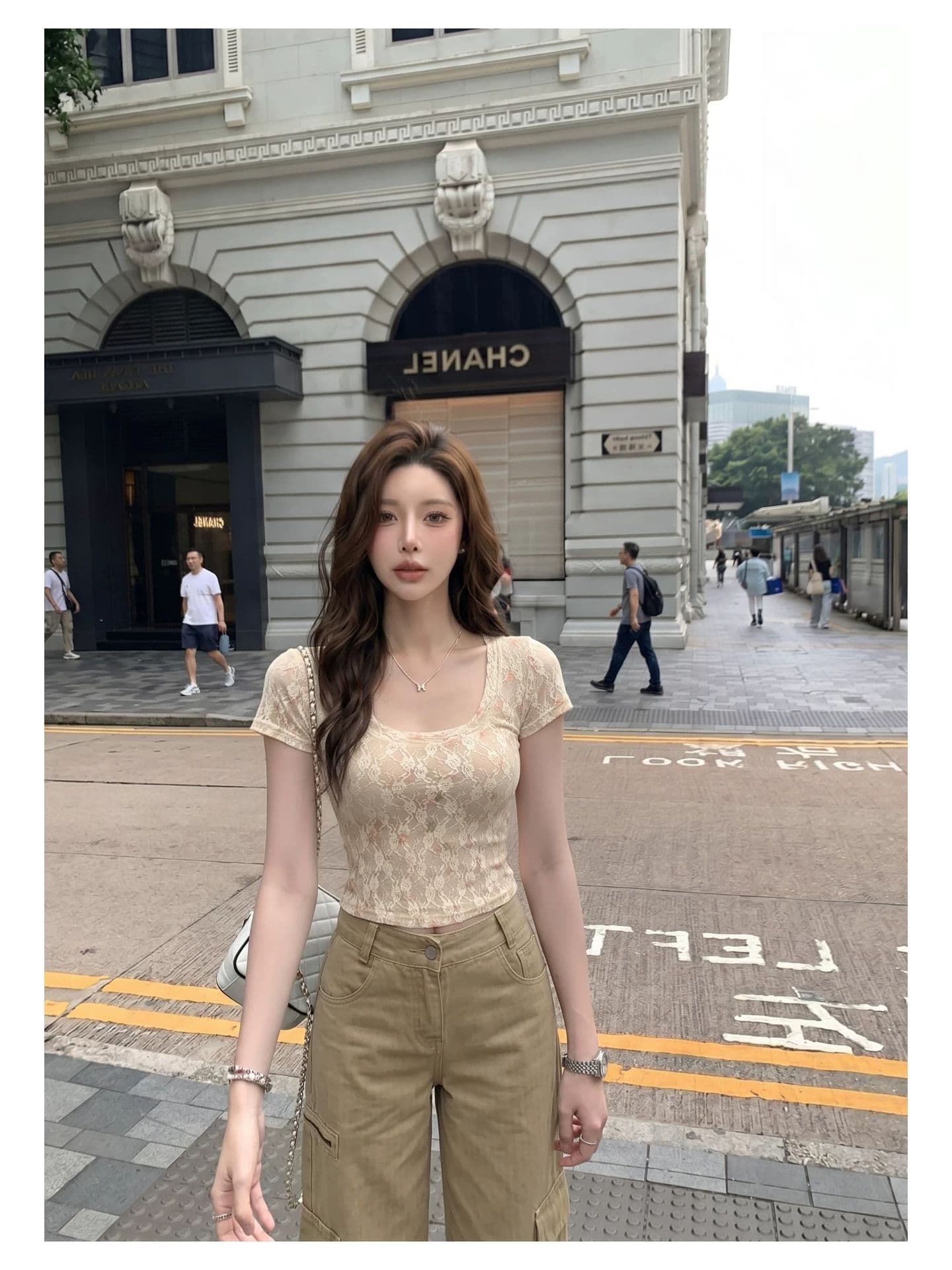 순수한 욕망 바람 핫걸 레이스 셔츠 u 칼라 반팔 티셔츠 여성 여름 몸매 가꾸기 슬림해 보이는 섹시함 허리 수축 쇼트 스타일 외출용 맨위 상세 이미지 5