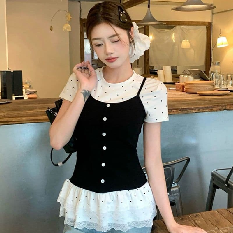 달콤한 핫걸 도트 무늬 페이크 레이어드 반팔 티셔츠 여성 여름 새로운 한 부서 달콤함 부드러운 몸매 가꾸기 슬림해 보이는 맨위 ins 이미지 2
